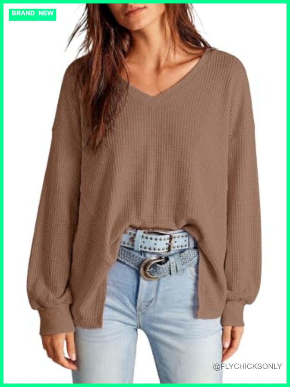 Waffle Knit Long Sleeve V-Neck Oversized Top Raw Seam Pullover